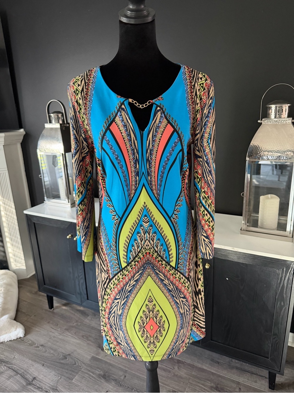 En Focus Studio Multicolor Geometric Print Shift Dress Size 8 Boho Tribal - Picture 2 of 5